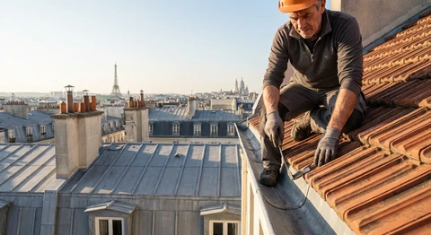 Photographie d'un couvreur expérimenté travaillant sur un toit parisien, positionné sur des tuiles traditionnelles, manipulant des outils de couverture. L'image doit montrer un vrai professionnel dans son métier, avec une belle vue sur le paysage parisien en arrière-plan ou une toiture typique parisienne. L'ambiance doit être sérieuse, professionnelle et refléter l'expertise et la passion pour le métier de couvreur.