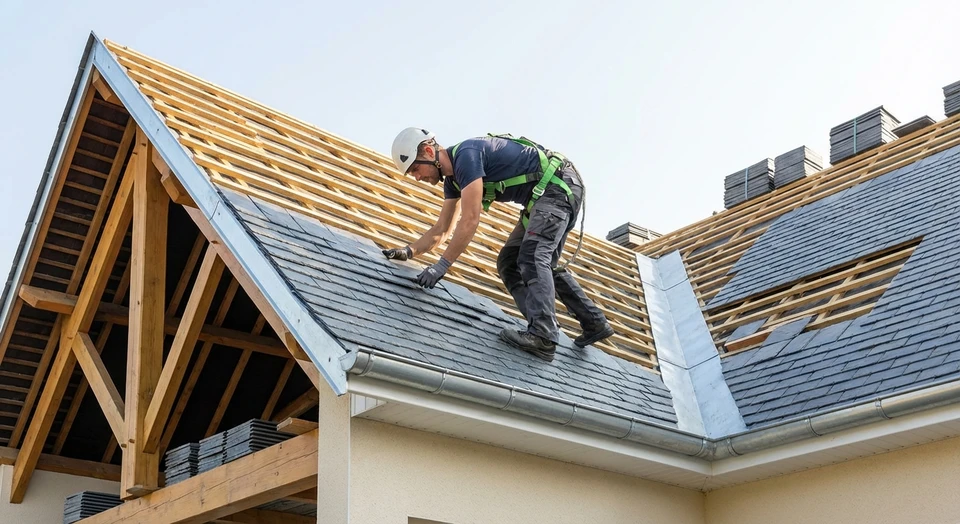 Ouvrier couvreur en vêtements de sécurité installant une nouvelle toiture sur maison résidentielle