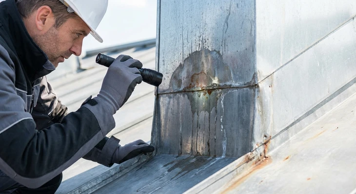 Chantier de construction résidentielle en cours, structure bois lamellé-collé avec charpente apparente et couverture zinc joint debout