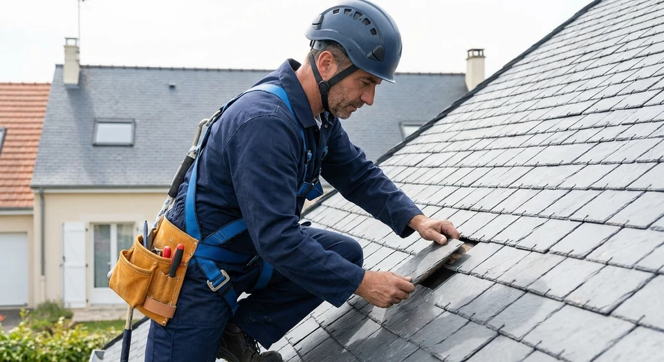 Photographie d'un couvreur professionnel en tenue de sécurité complète (combinaison, casque, harnais) travaillant sur une toiture en tuiles ou ardoise, en train de remplacer ou réparer des éléments de couverture. Le professionnel est concentré sur sa tâche, montrant l'expertise et la minutie du travail de couverture. Arrière-plan montrant une maison résidentielle avec le toit partiellement rénové, dans une lumière naturelle de jour. L'image doit transmettre l'accessibilité, la professionnalité et l'engagement du couvreur à répondre aux attentes du client.