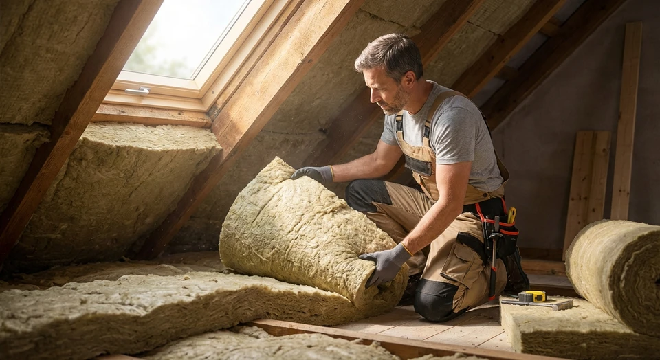 Vue en gros plan d'un ouvrier en tenue professionnelle posant ou ajustant de la laine minérale isolante dans une cavité de comble sous les chevrons d'une charpente. La lumière naturelle traverse les ouvertures du toit, créant une ambiance professionnelle et rassurante. L'isolation thermique doit être clairement visible et de qualité, symbolisant le confort et la performance énergétique apportée au logement.
