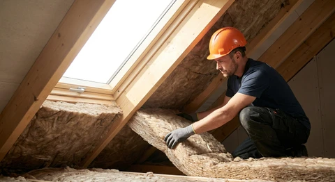 Deux couvreurs professionnels travaillent sur une toiture en chantier au coucher du soleil