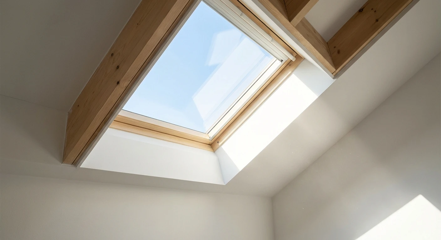 Fenêtre sur le toit au plafond incliné à l'intérieur, vue en bas angle