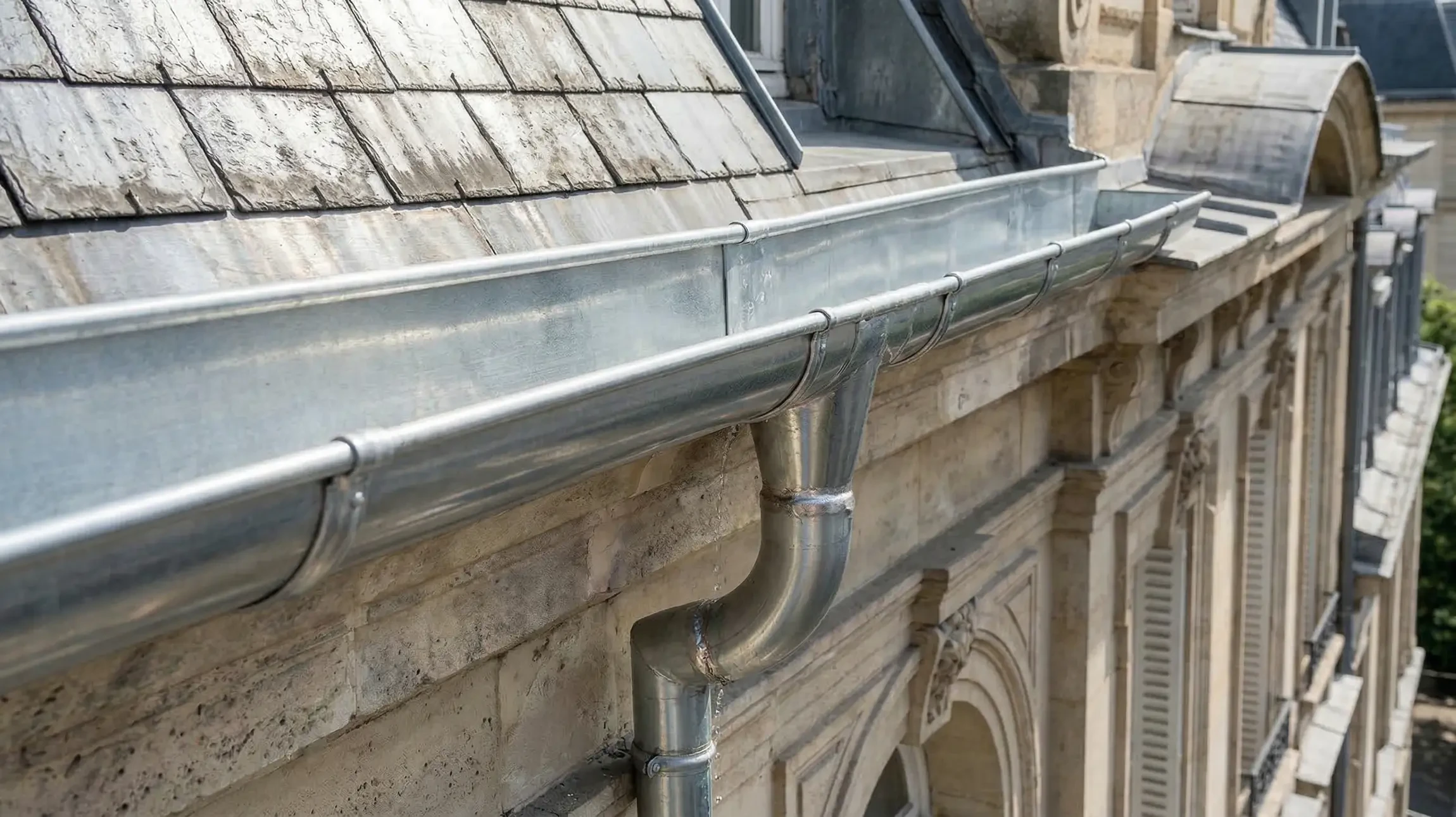 Deux couvreurs professionnels travaillent sur une toiture en chantier au coucher du soleil